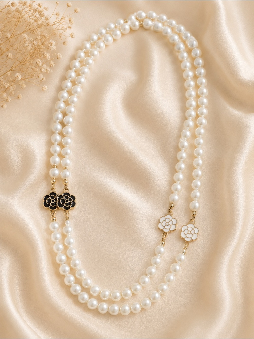 Double Strand Pearl Necklace with Floral Accents - Picture 3 of 3